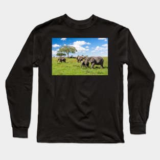 Elephant Herd In The Serengeti Landscape Long Sleeve T-Shirt
